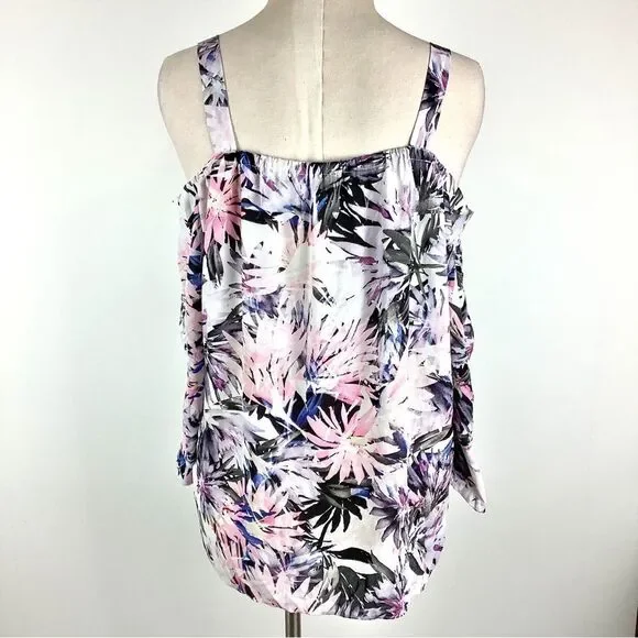 NYDJ Blouse Womens Medium Boho Hawaiian Tropical Floral Top Ruffle Cold Shoulder - Picture 3 of 13